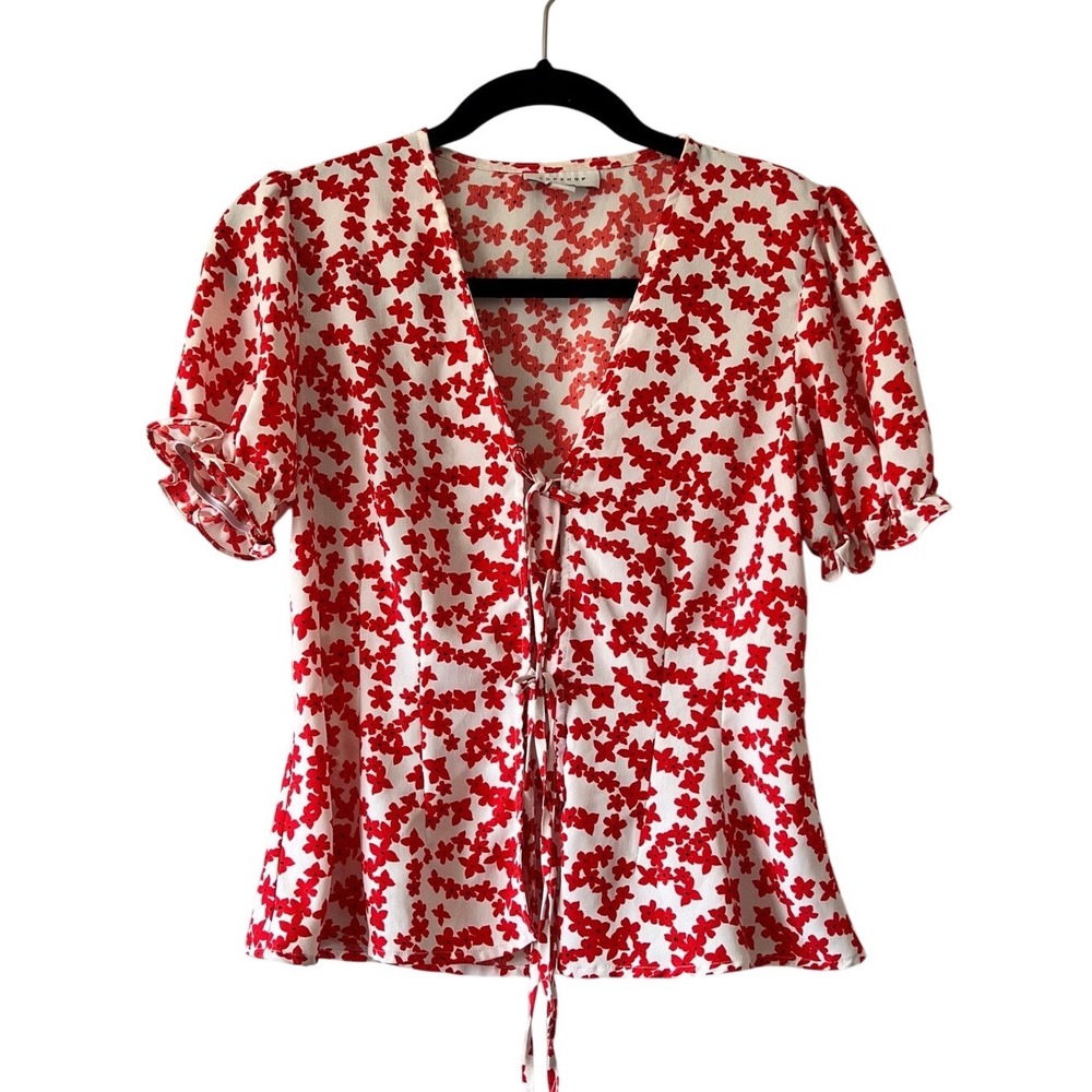 Topshop‎ Floral Print Peplum Tie Front Blouse Red White Short Sleeve Top
